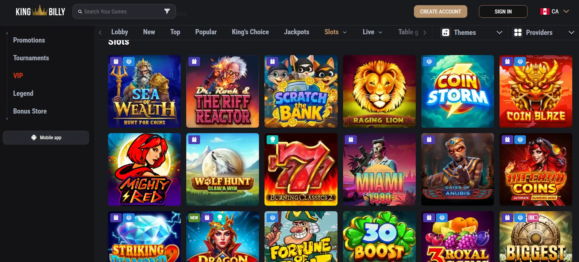 King Billy Casino Canada online slots lobby showing popular games like Sea of Wealth, Scratch the Bank, Coin Storm and Inferno Coins, inviting Canadian players to browse hundreds of real money slots with jackpots, free spins and bonus features.