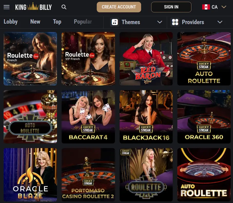 King Billy Casino Canada live dealer lobby with roulette, baccarat and blackjack tables, real croupiers and VIP games inviting Canadian players to enjoy authentic live casino action online.