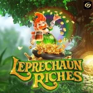 Maple Leaf Riches online slot with cheerful leprechaun throwing gold coins from a pot of riches under a rainbow, promoting lucky jackpots, free spins and big real money wins for Canadian casino players.