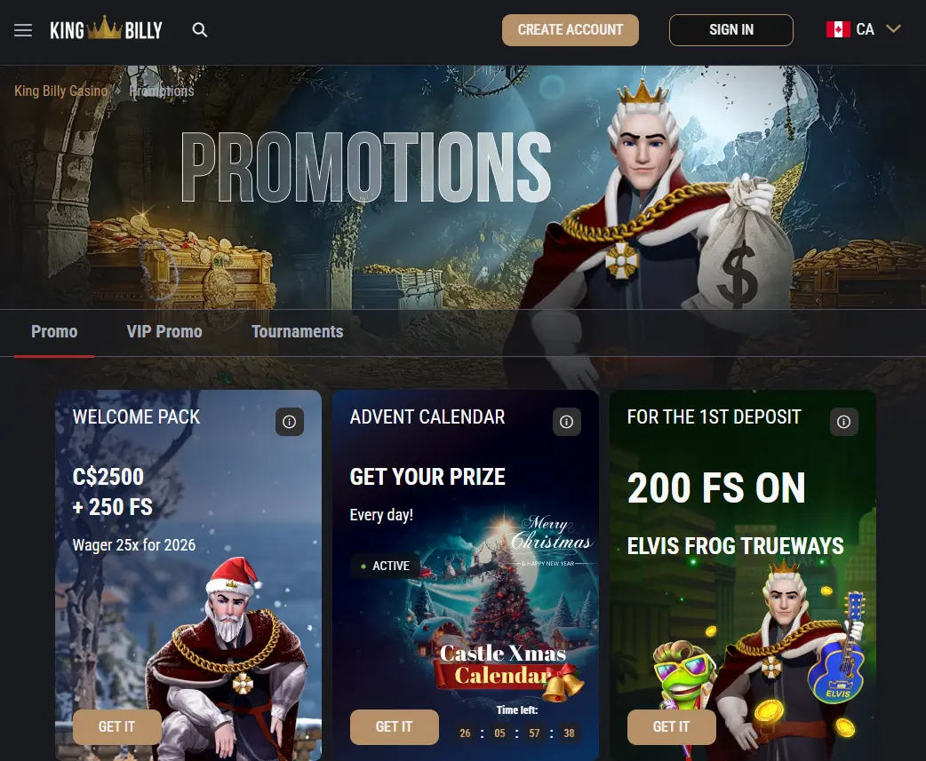 King Billy Casino Canada promotions page with welcome bonus, VIP promo and tournaments, showcasing Canadian dollars bonuses, Christmas offers and free spins for new casino players.