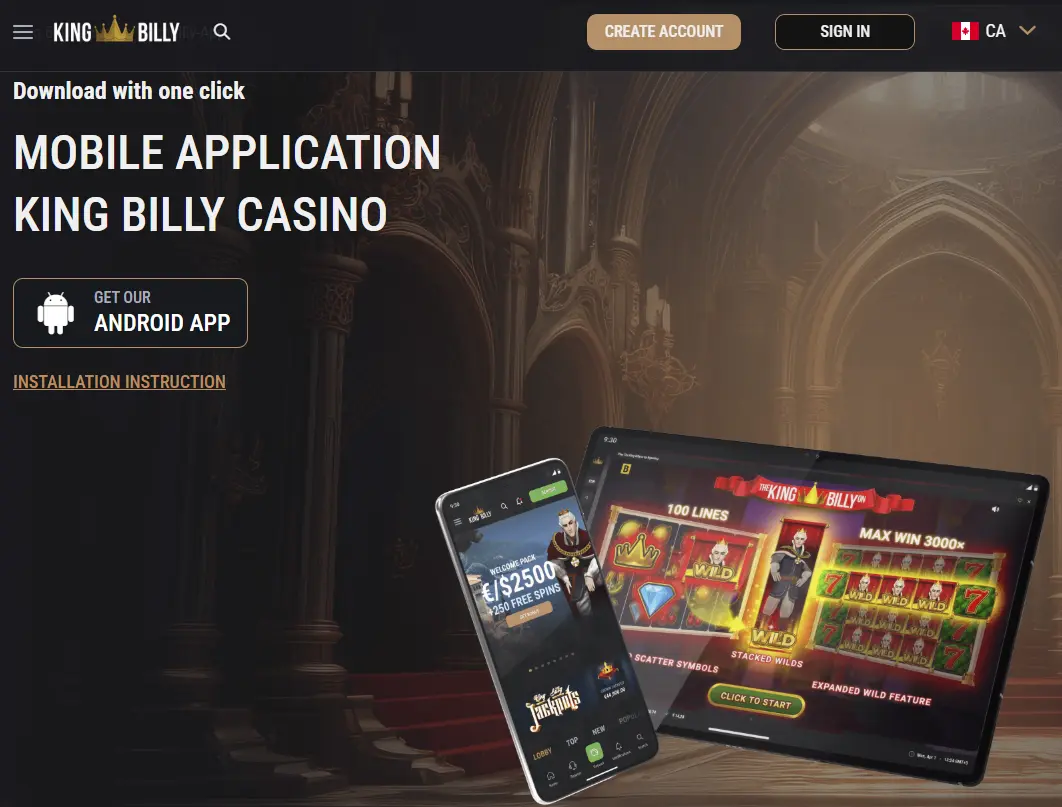 King Billy Casino Canada mobile application banner showing Android app for real money slots and live games, inviting Canadian players to download and play casino on their phones.