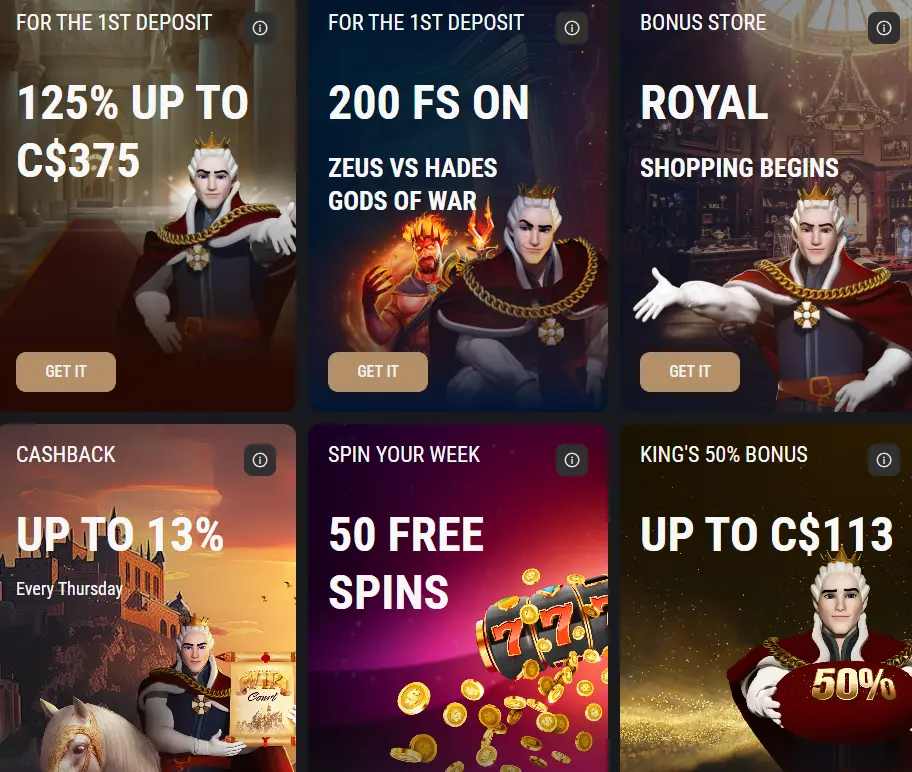 King Billy Casino Canada promotions grid with reload bonuses, weekly cashback up to 13 percent and free spins offers, rewarding loyal Canadian players with regular extra value.