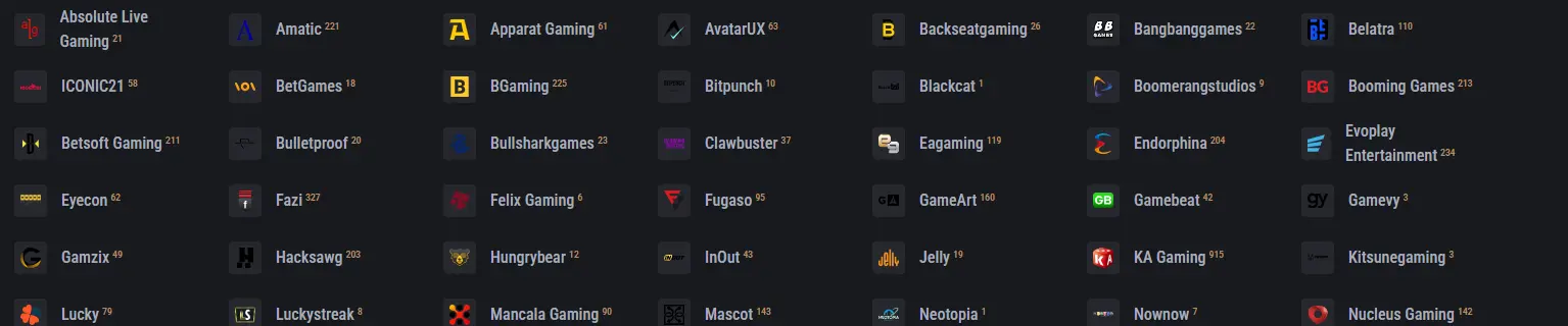 List of software providers at King Billy Casino Canada, including Betsoft, Endorphina, Hacksaw and KA Gaming, proving a large selection of licensed slots and live casino games.