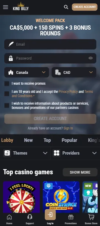 King Billy Casino Canada mobile site showing CA$5,000 welcome bonus with 150 spins and 3 bonus rounds, Canadian flag and CAD currency, encouraging new players to sign up and play top casino games on their smartphone.